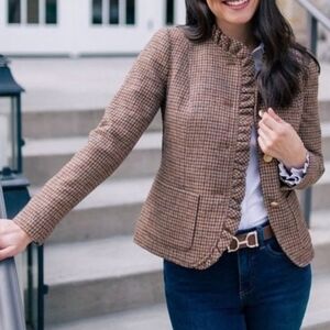 Talbots Equestrian Houndstooth Wool Blend Ruffle Blazer